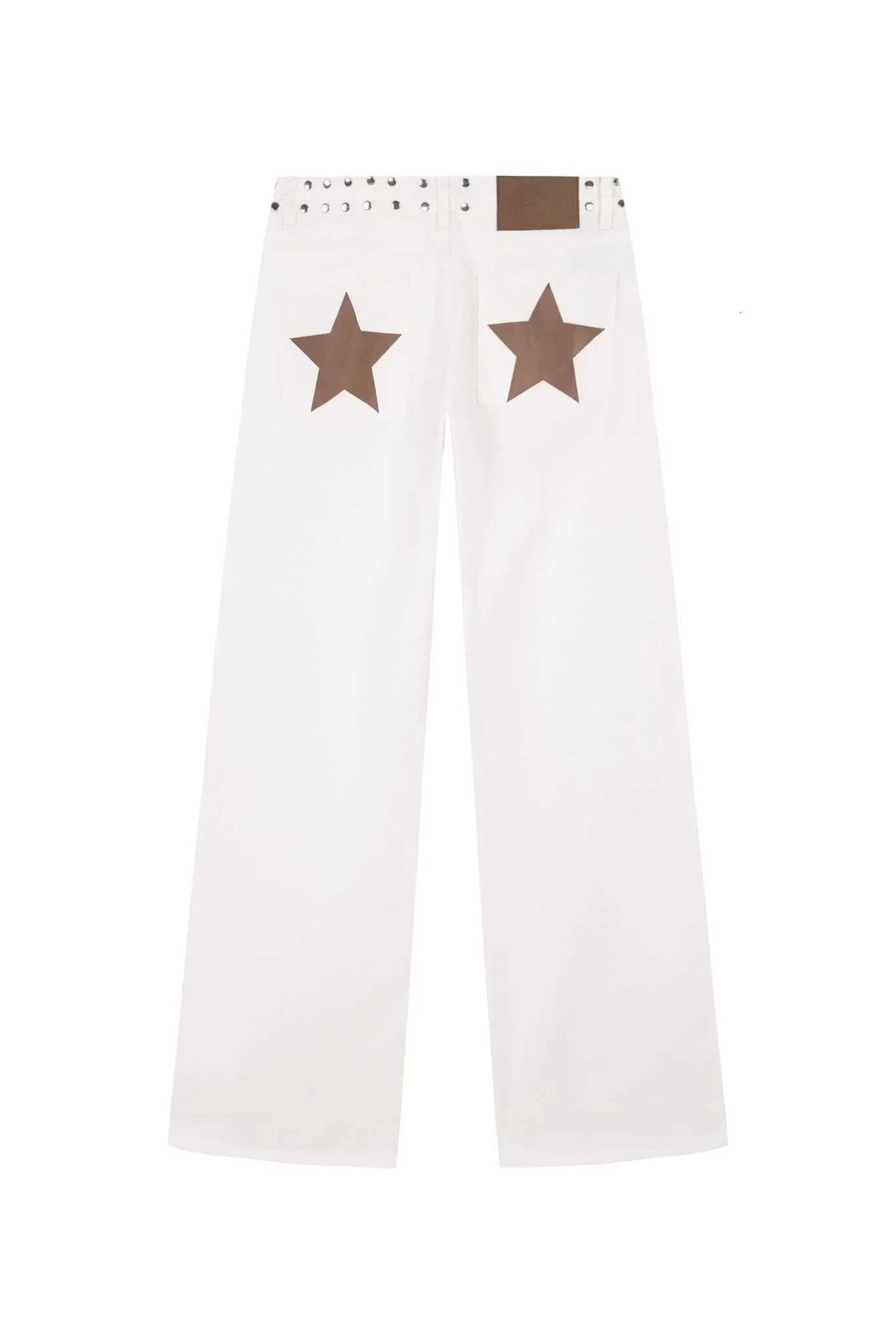 Spanish Strt Fashion ONE DILEMMA Style Rivet Fivepointed Star Pattern White Jeans Womens Autumn Slim Straight Pants C251013