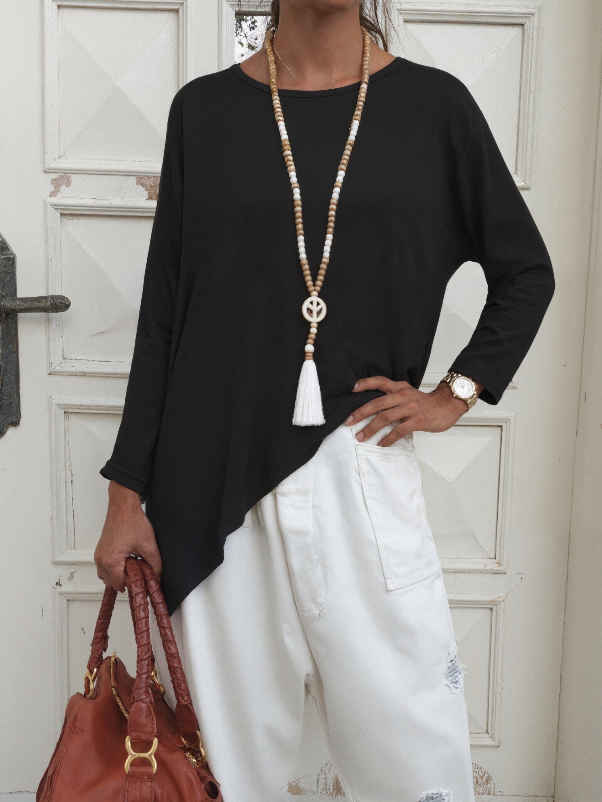 Women's Autumn Winter French - Style Elegant Long - Sleeve Top - Minimalist Layered & Loungewear Black Top-CF52726