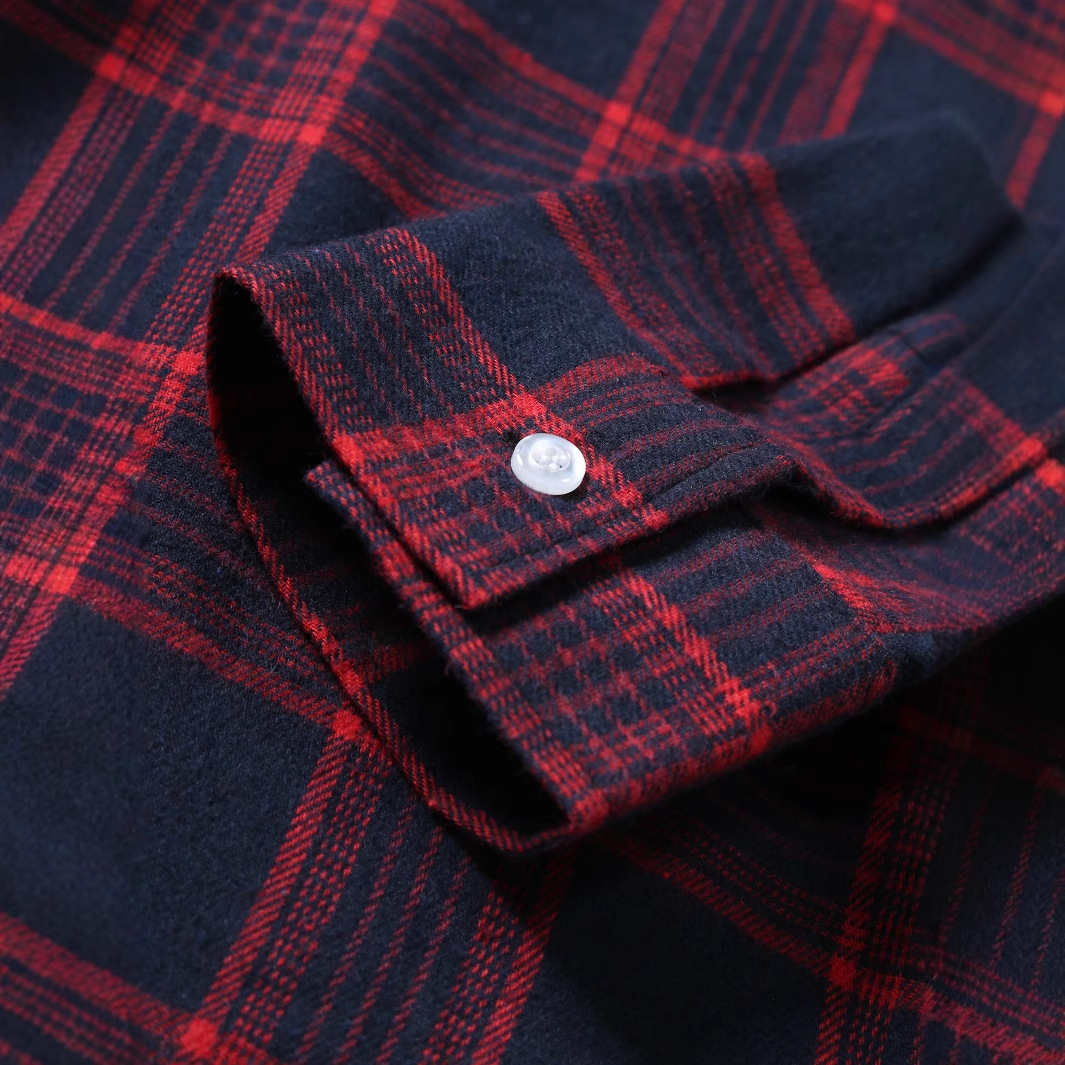 Youth Fashion Turn-down Collar Red Brushed Plaid Long Sleeve Shirt Business Casual Shirt Men's Autumn Winter Top