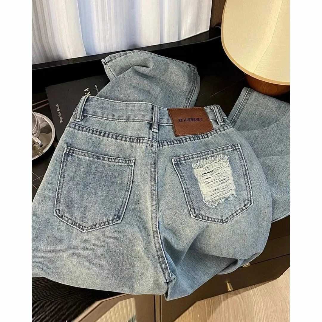 Casual Jeans Womens Straight Leg Denim Trousers Loose Fit High Waist Light Blue Wide Leg Vintage Ripped Design Autumn NewT251013