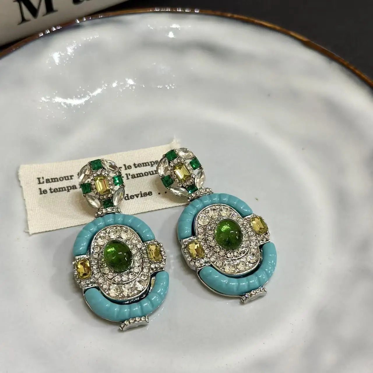 Vintage Turquoise Emerald Silver Drop Dangle Earring Victorian Era Full Diamond Gemstone Blue Ear Stud Chunky Statement Jewelry 251011 - view 7