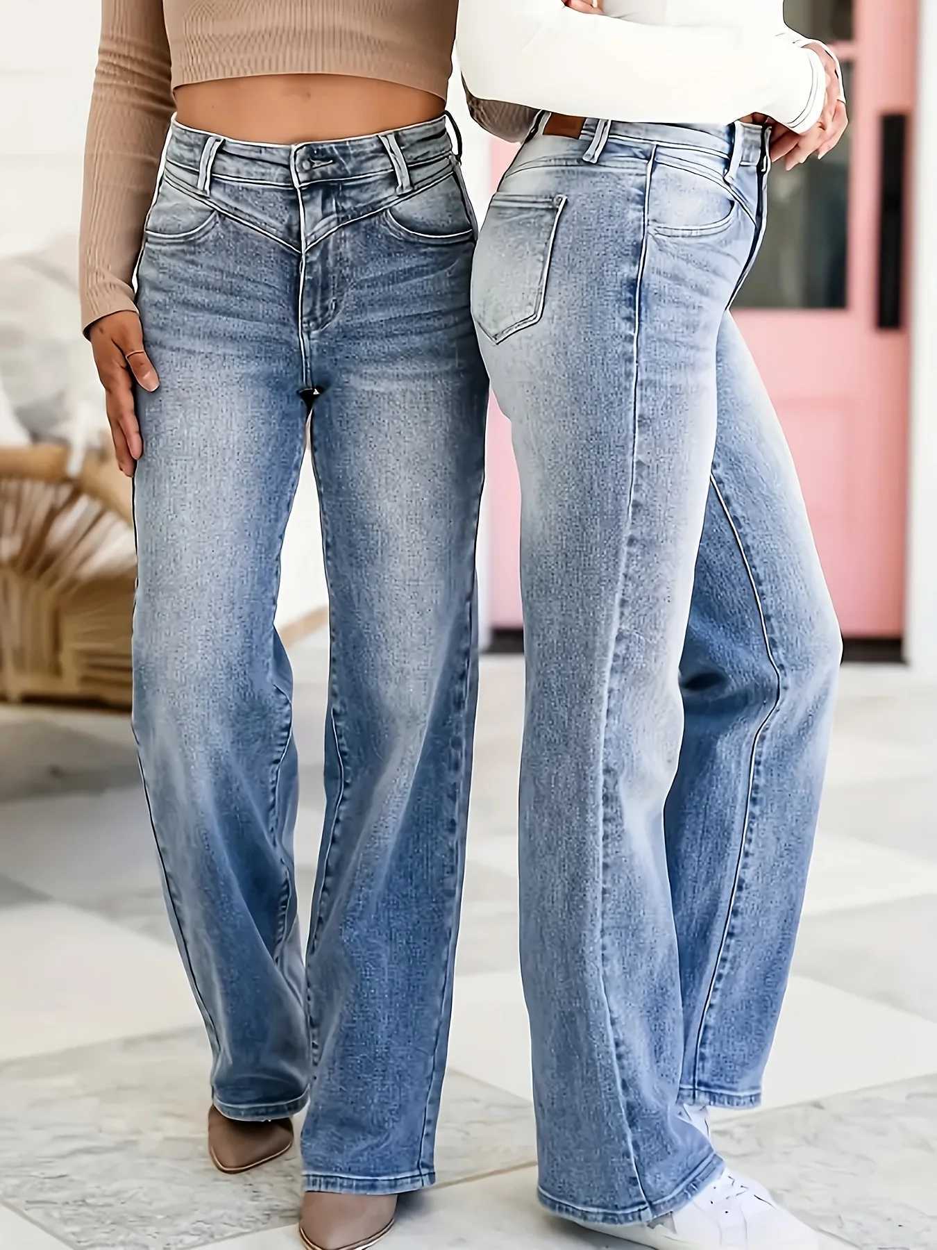 Womens Plus Size Straight Jeans Summer Temperament Commuter Washed Plus Size Pocket Solid Color Elegant JeansT251013