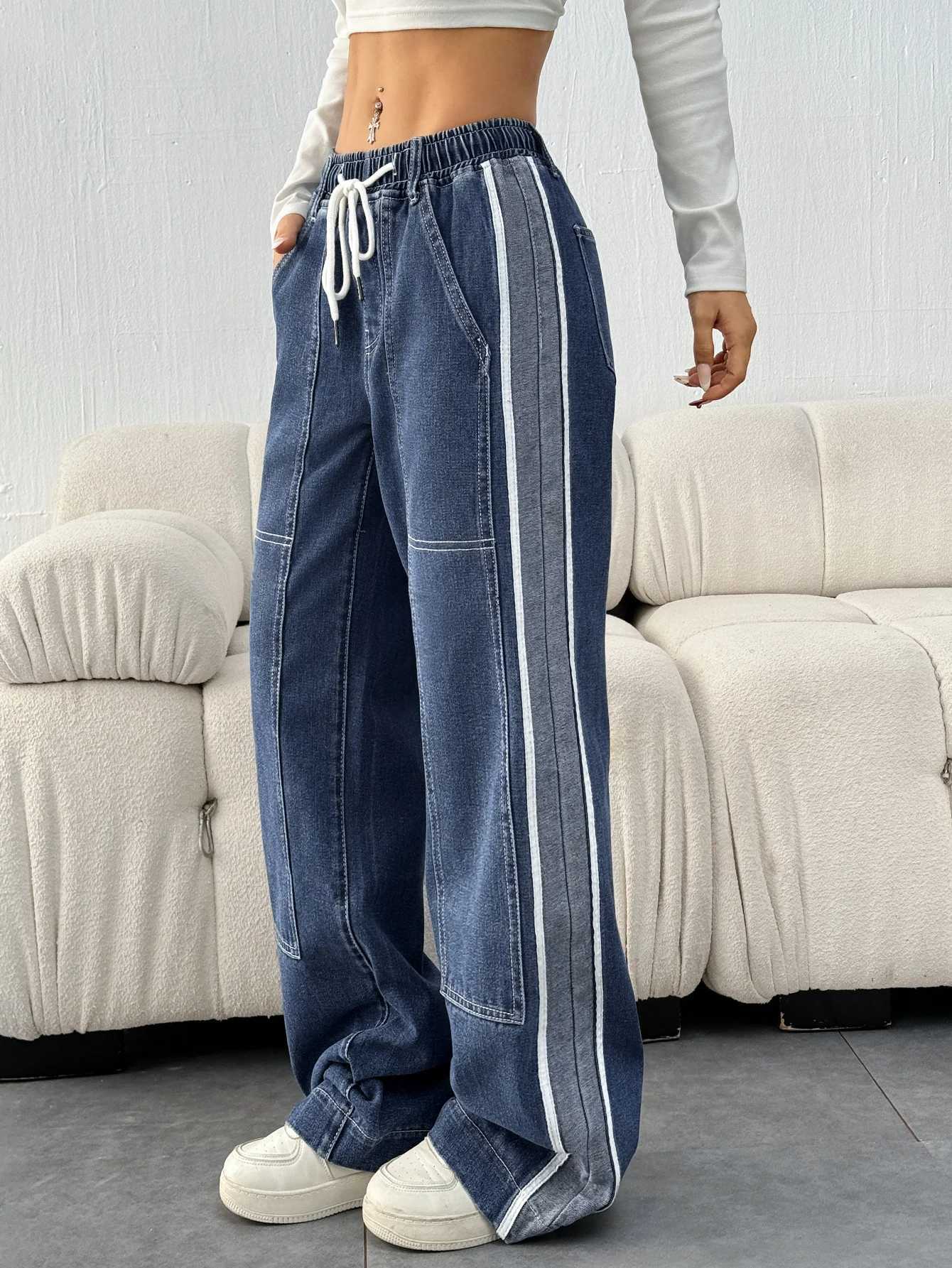 Womens Casual Style Loose Fit Jeans with Drawstring Waist and Slant Pockets Color Block Patchwork Denim Machine WashableT251013