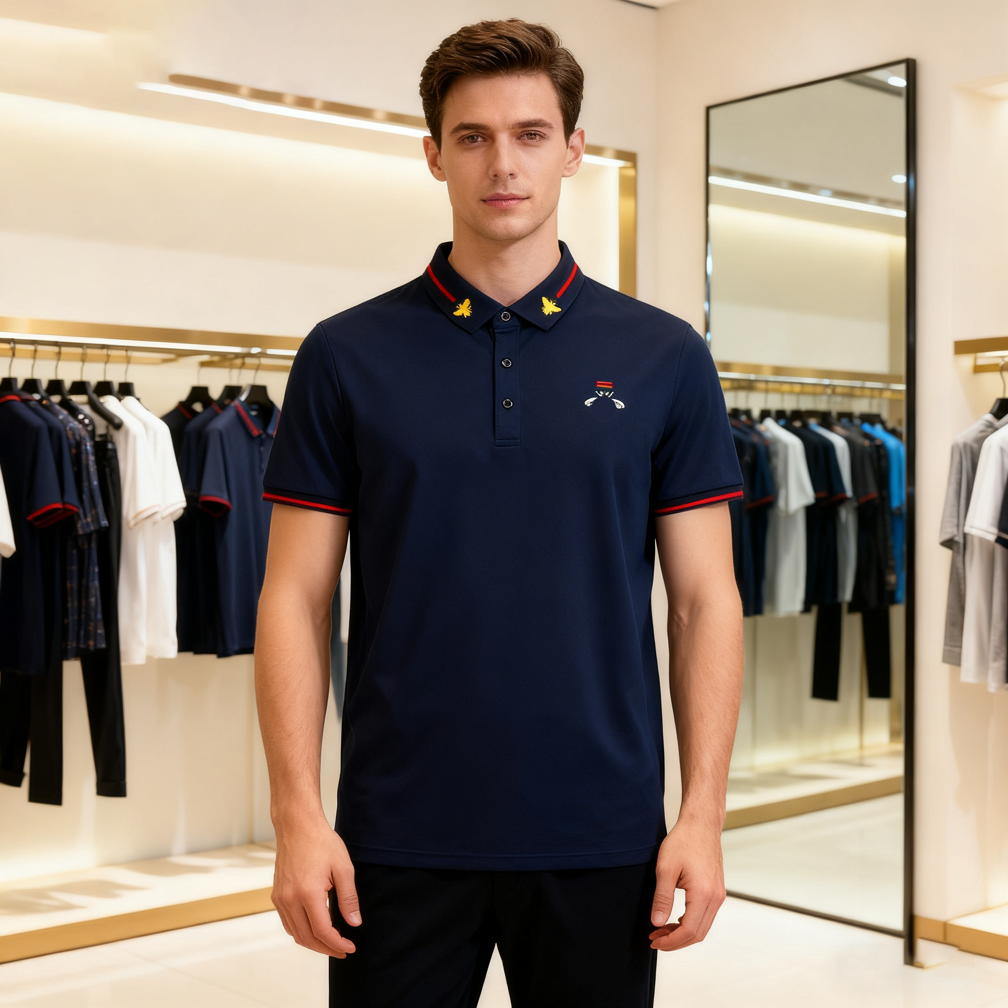 polo designer t shirt polo shirt fashionable and casual bee embroidery solid color polo shirt slim lapel shortsleeved top multipurpose collar a slender silhouettes