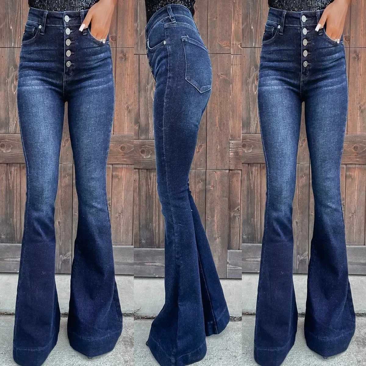 Four Seasons Womens Casual Trendy Singlebreasted High Waist Jeans Flare Pants Casual Trendy Dark Blue Solid Denim TrousersT251013