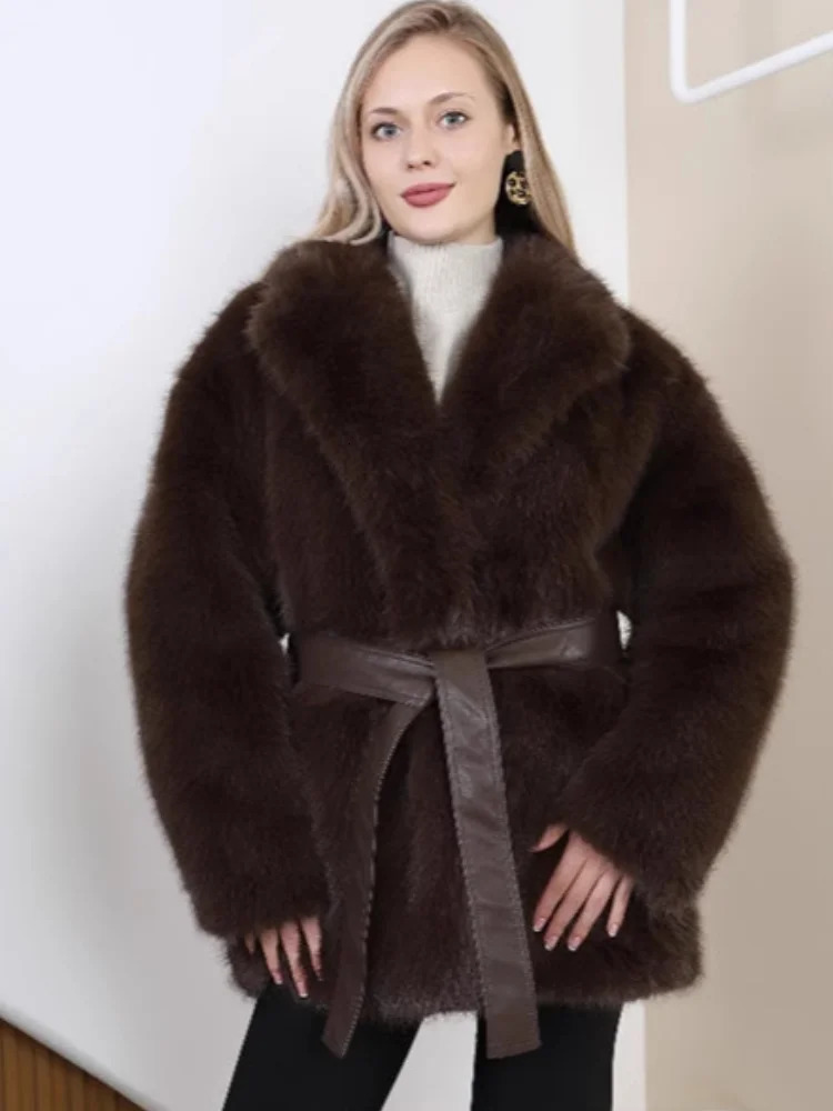 Fashion Womens Lapel Faux Fur Coat with Belt 2025 Winter Long Sleeve Female Thicken Warm Jackets Casual Lady Outerwear Street 251029
