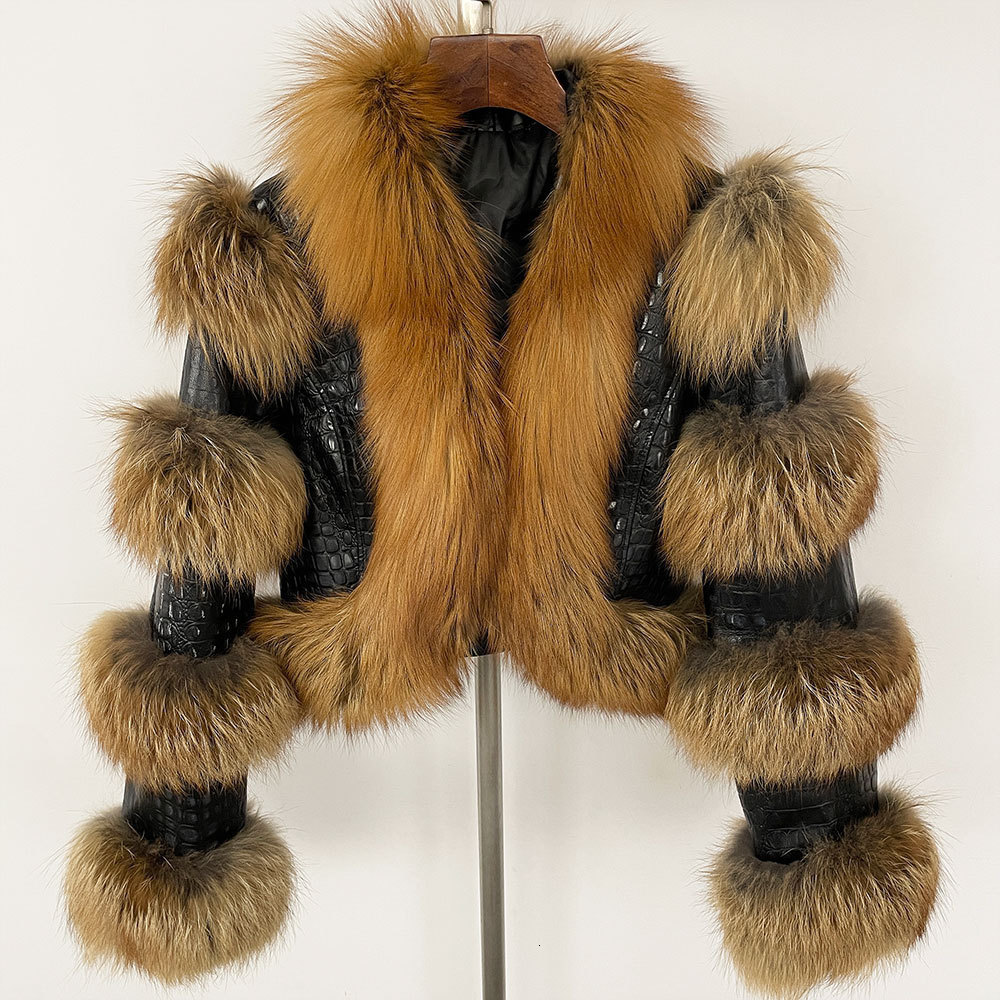 RR2775 Plus Size Artificial Fox Fur Winter Jacket Womens Leather Short Crop Jacket Womens Cotton Lined Fur Decorative Leather 240927 - view 9