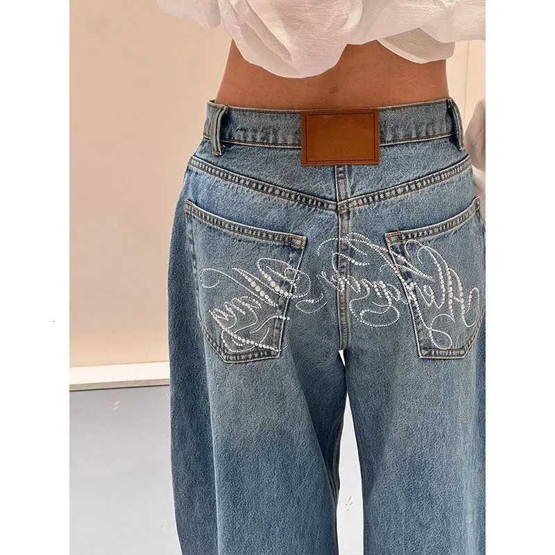Gradient Spring 2025 Blue Jeans Women Y2K Vintage High Waisted Jeans Straight Streetwear Loose Large Wide Leg Denim PantsT251013