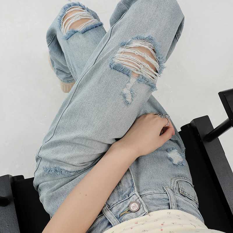 Womens Highwaisted Jeans Leisure Comfortable Skin Friendly Straight Leg Loose Fit Casual Micro Elastic Knee Piercing DesignT251013