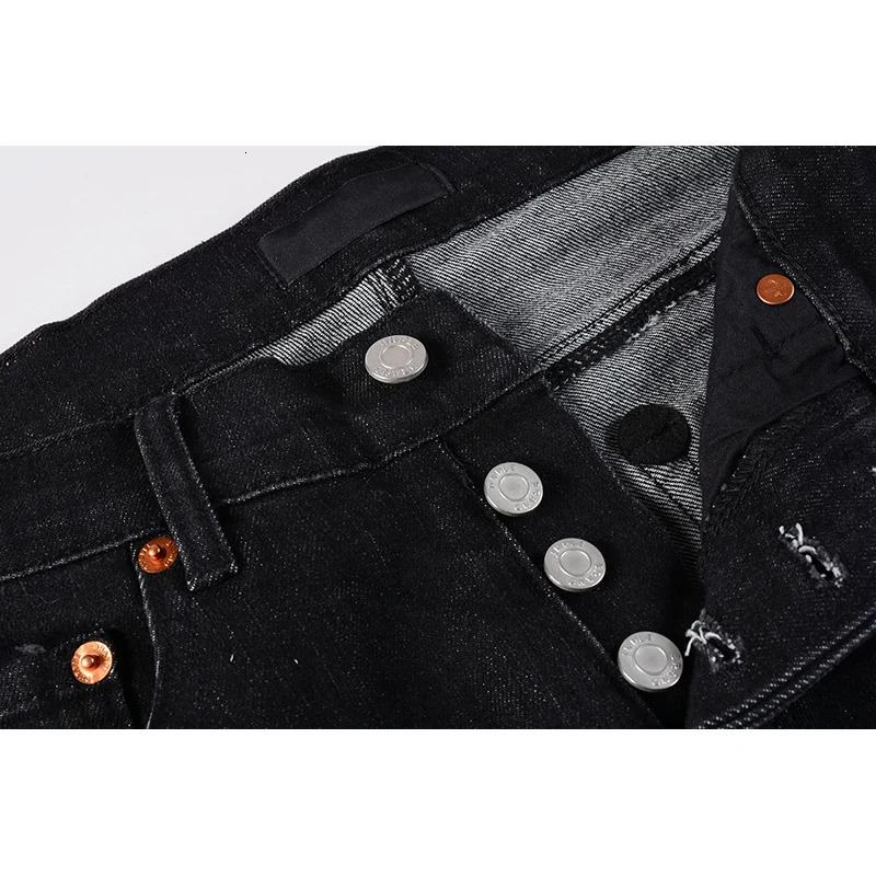American Boys Students School High Street Scratched Moustache Black Damaged Holes Slight Stretch Skinny Button Fly Ripped Jeans 251009