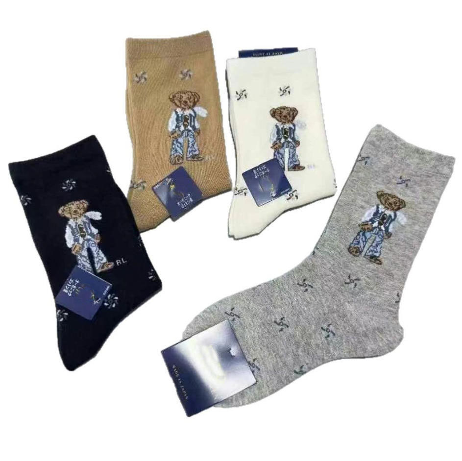 Designer Men Women Breathable Cotton Long PoloSocks Solid Double-needle Vertical Calf Knee-length Stockings Female Lady Bear Socks