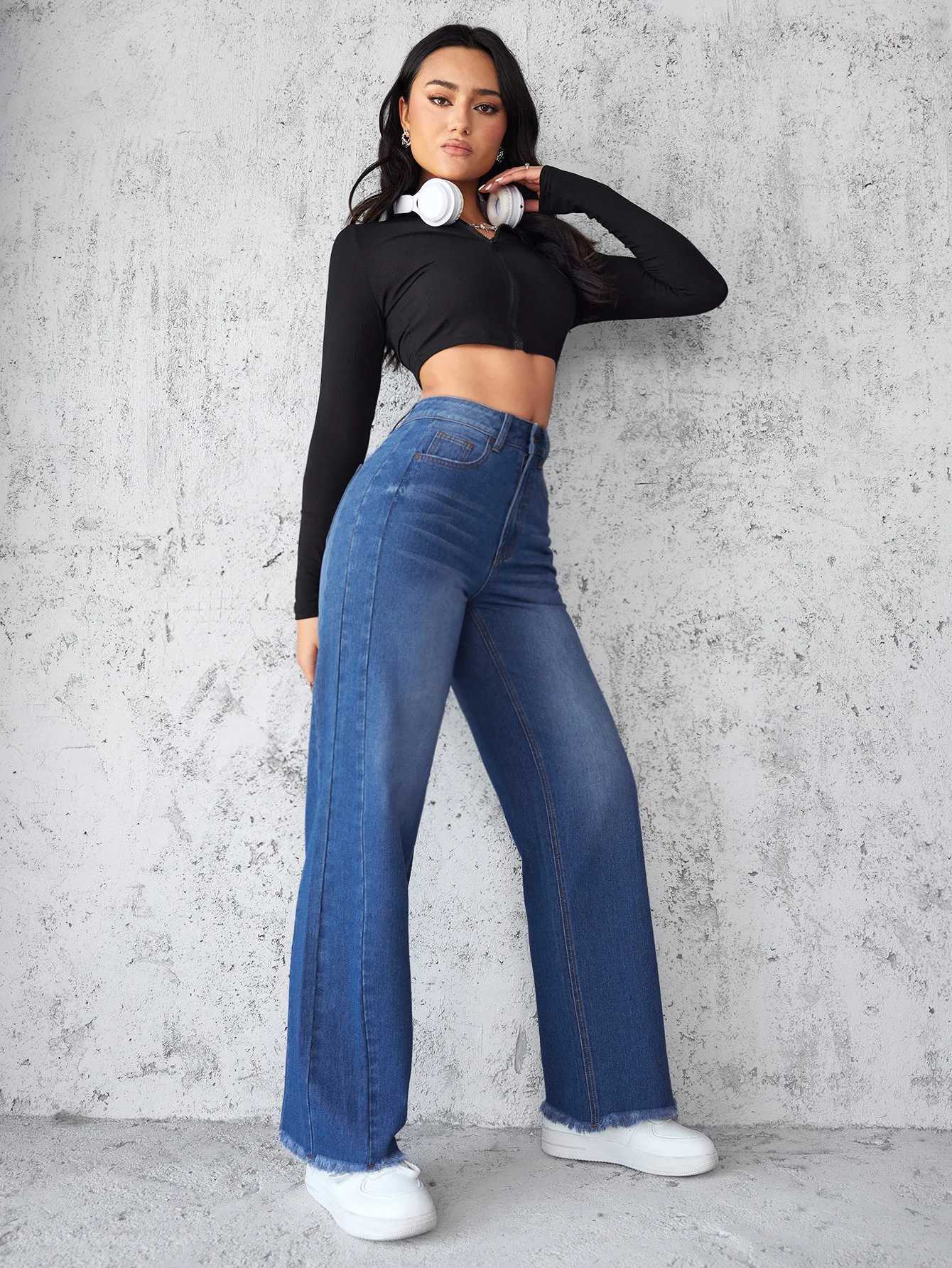 New Temperament Highwaisted Wideleg Jeans Four Seasons Fashionablesimplecomfortable and Casual Straightleg Jeans for WomenT251013