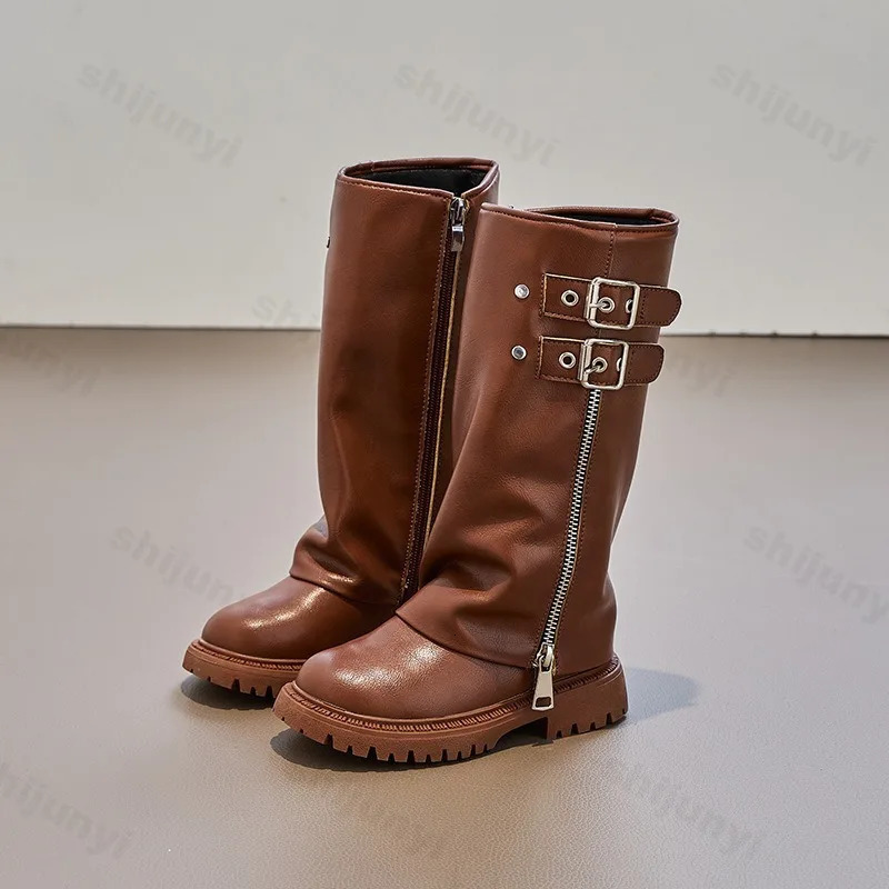 Childrens Pu Leather Boots Autumn Comfortable Anti Slip Zipper Fashion Kids Knee Boots Girls Outdoor Buckle Princess Boots 251017