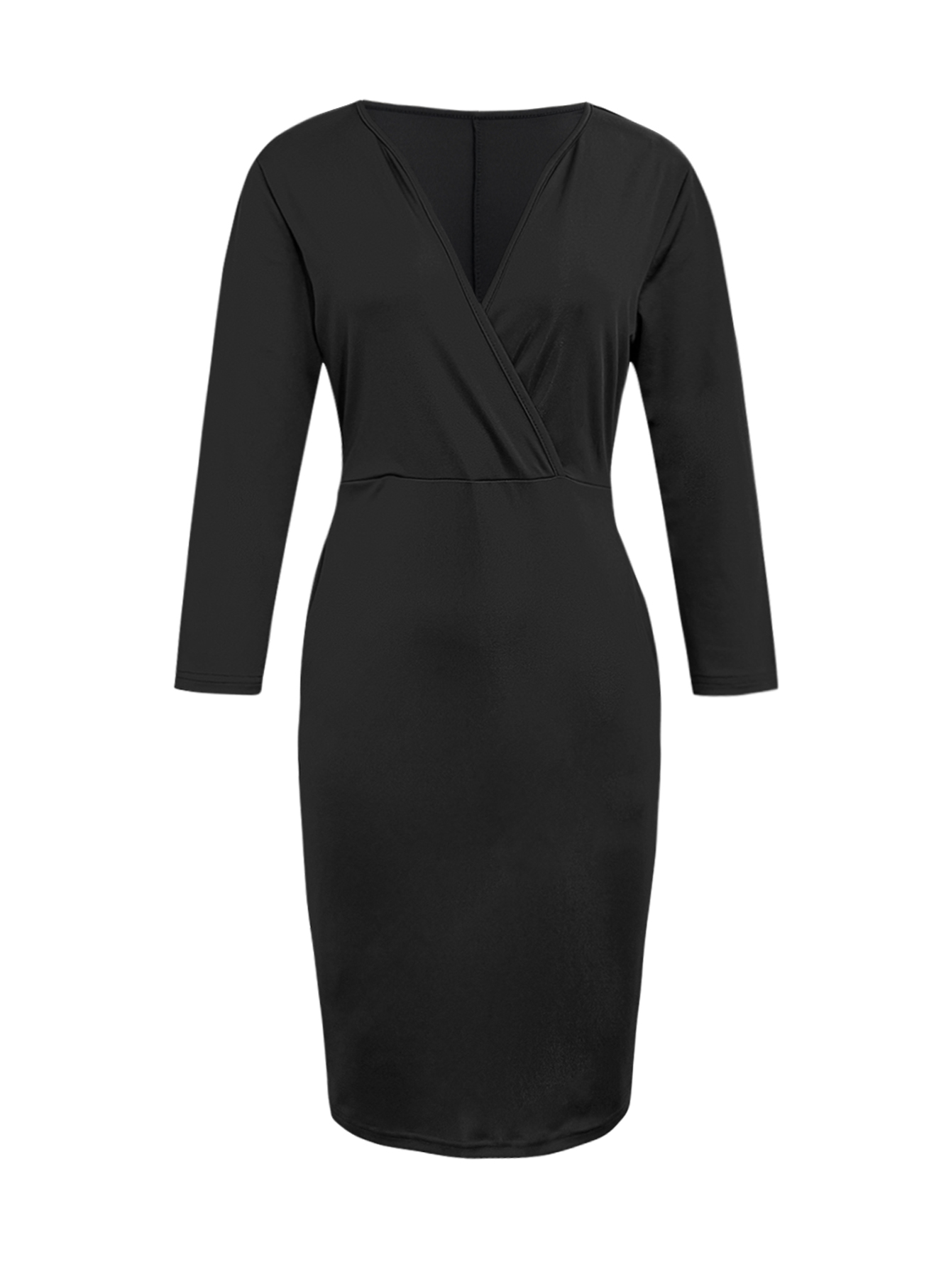 Women's Autumn Winter New Solid Color Cross V - Neck Midi Dress - Fashionable Elegant Office & Party Black Dress-CF52949