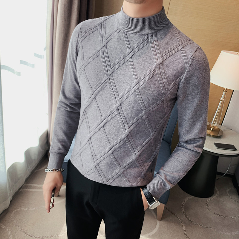 Men's High - Neck Textured Knit Sweater, Slim Fit with Geometric Pattern-8516
