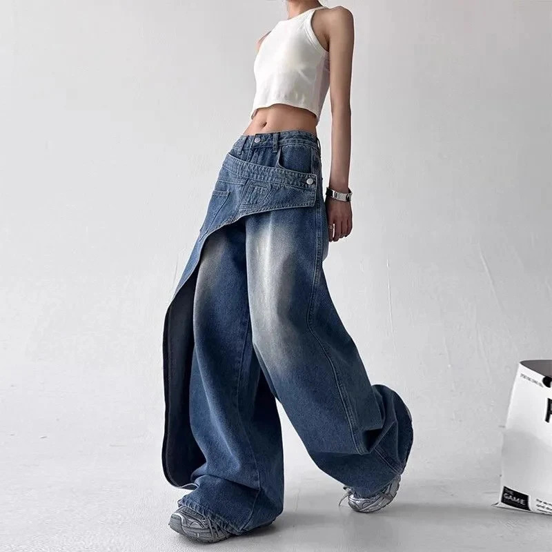 Y2K Fashion Irregular Patchwork Jeans Women Korean Chic Streetwear Hip Hop Straight Trousers Bf High Waist Casual Denim 251010 - view 4