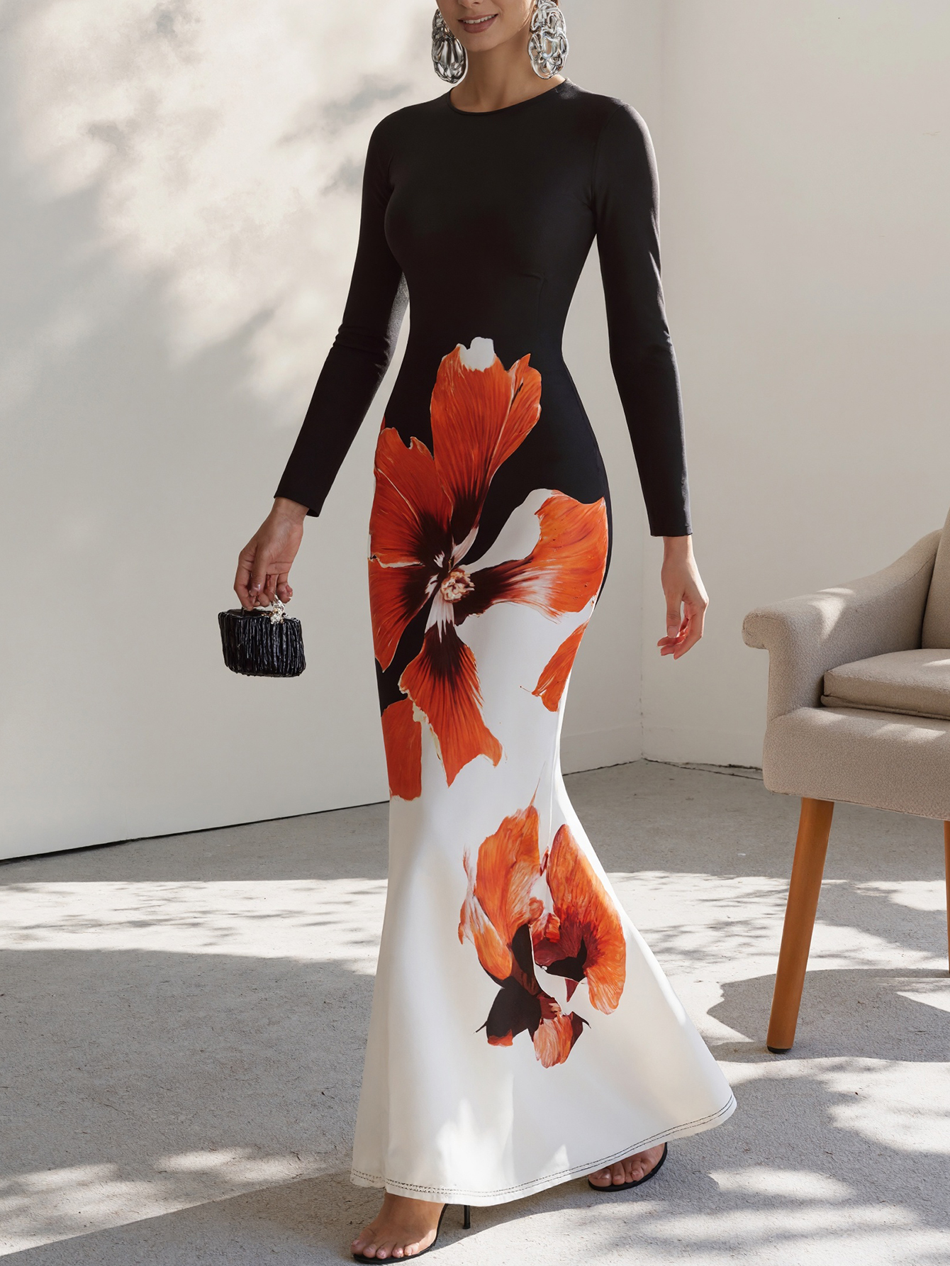 Women's Autumn Winter Fashion New Black Long - Sleeve Slim Midi Dress - Large Floral Printed Elegant Temperament DressCF55192