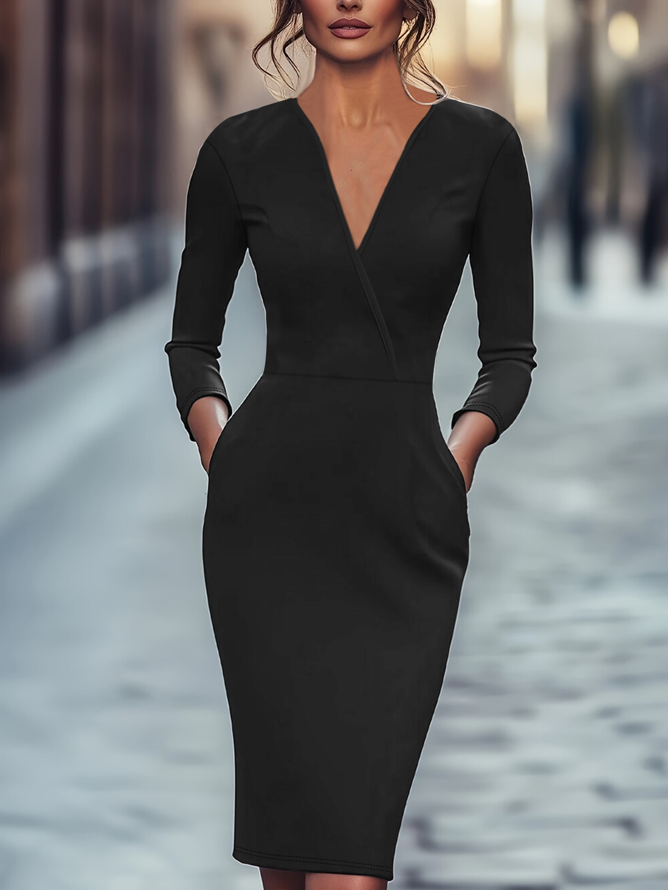 Women's Autumn Winter New Solid Color Cross V - Neck Midi Dress - Fashionable Elegant Office & Party Black Dress-CF52949