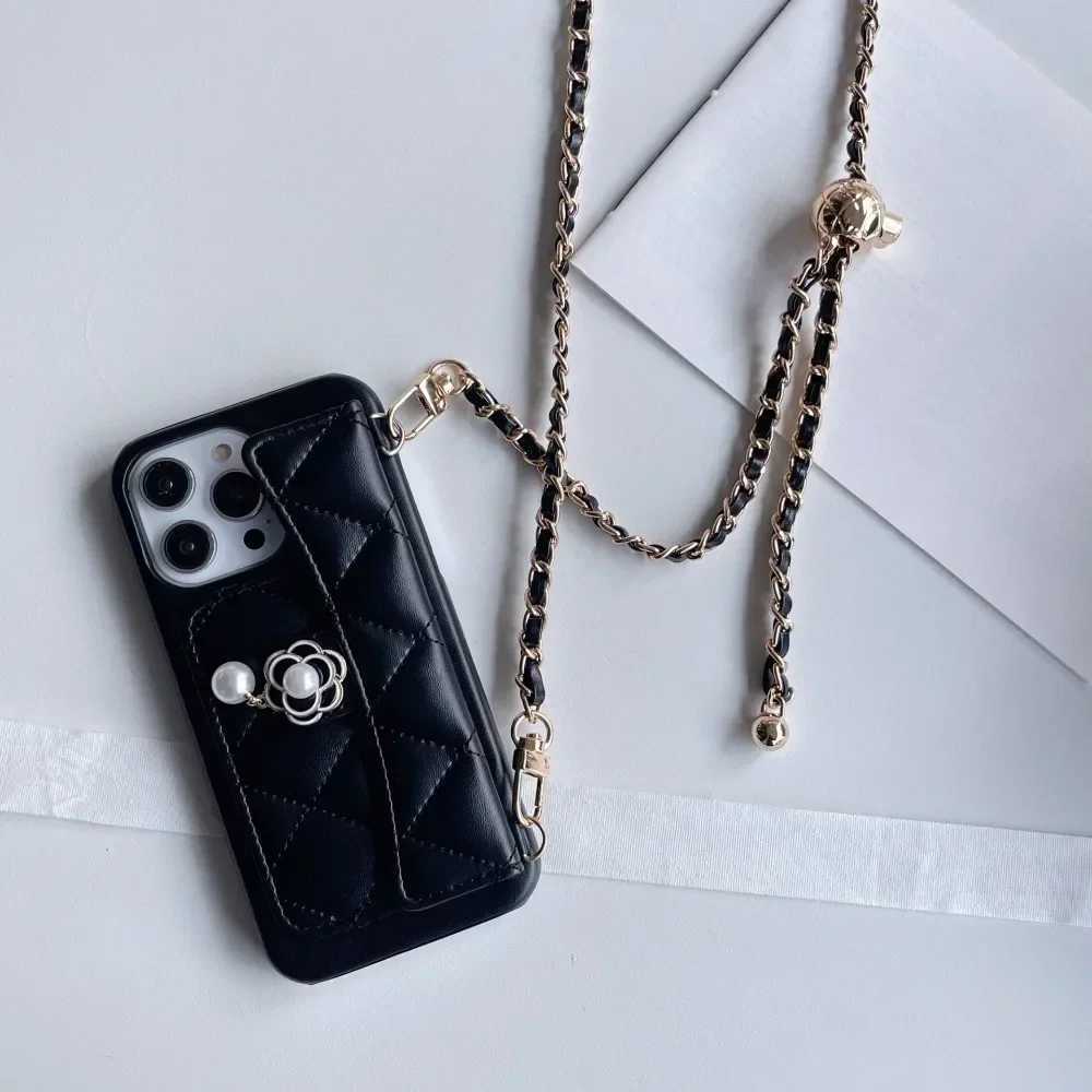 Camellia Leather Cover For iPhone 16 15 14 13 12 11 Pro Max Card Slot Holder Wallet Adjustable Lanyard Crossbody Phone Case J251202