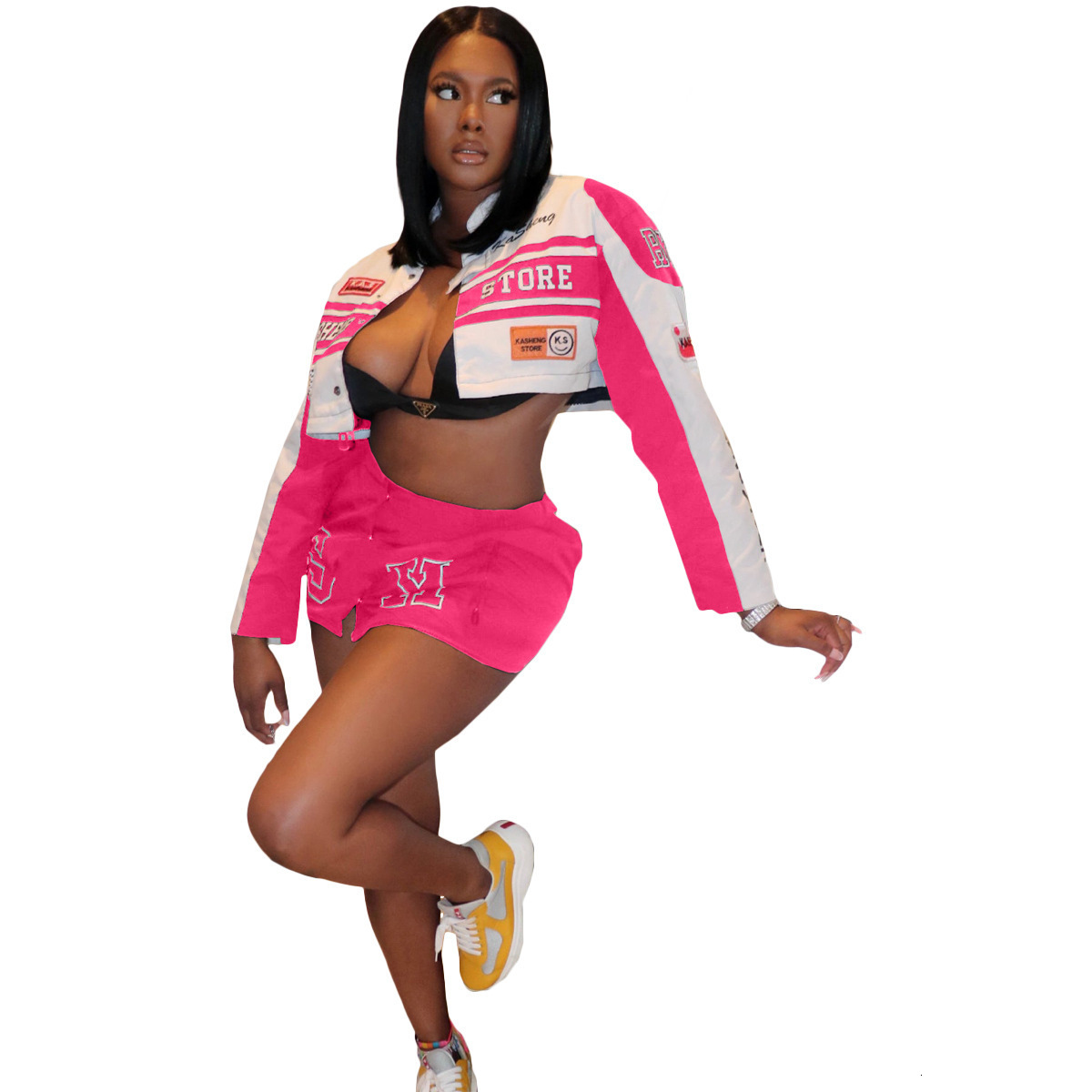 Y2612 2024 Autumn Winter Detachable Motorcycle Baseball Jacket Short Coat Racing Hot Girl TwoPiece Skirt Set 250303