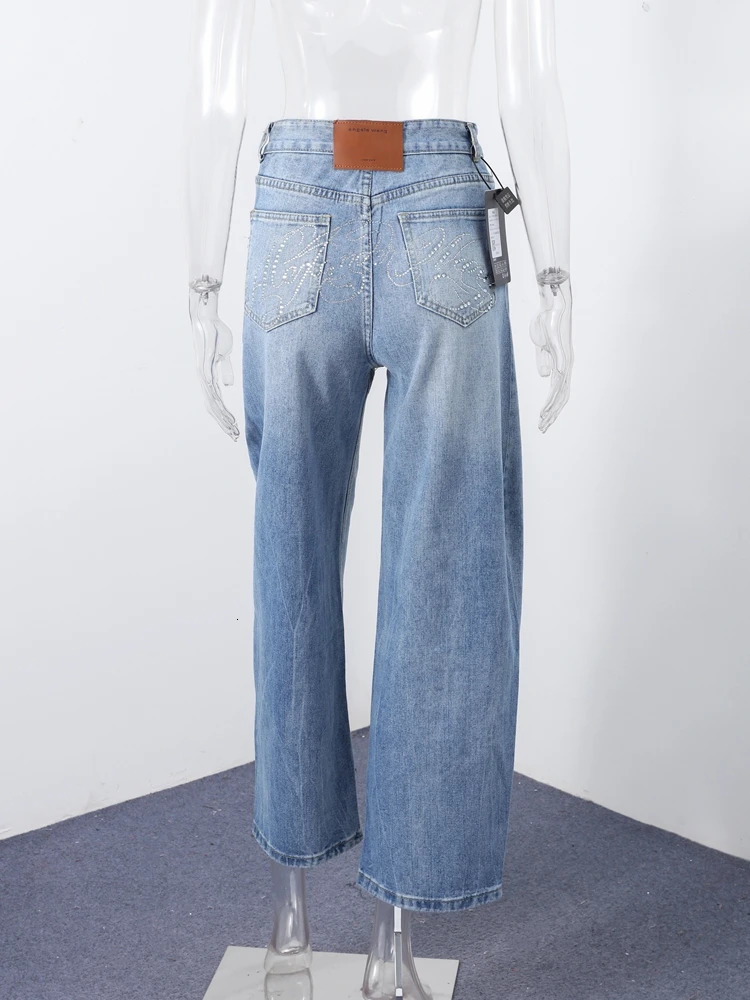 Spring High Waist Straight Leg Denim Pant For Woman Back Pockets Stitching Rhinestone Detail Ladies Simple Washed Blue Trousers 251013 - view 3
