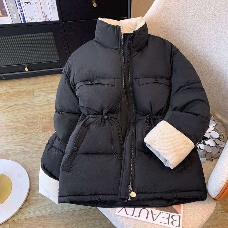 Winter New Korean Fashion Trend Niche Drawstring Waist Patchwork Color Block Thickened Warm Cotton Jacket B5