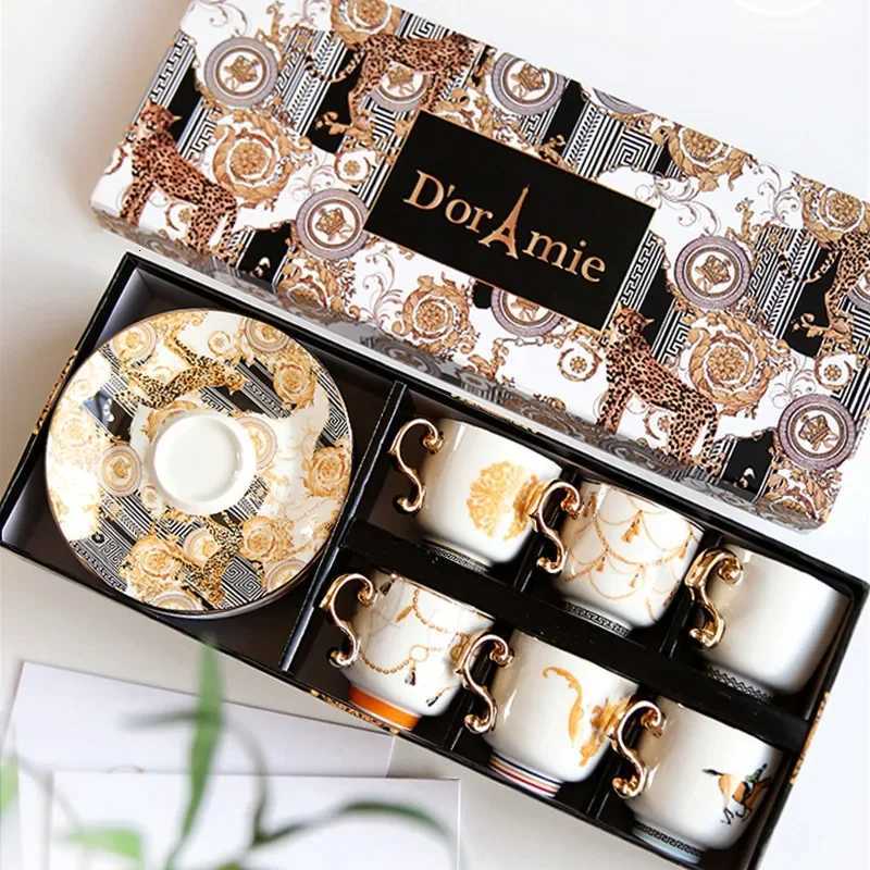 Vintage Luxury Bone Coffee Cup and Saucer Set of 6 with Gift Box European Porcelain Cups Ceramics Wedding Gifts He Decor H251013