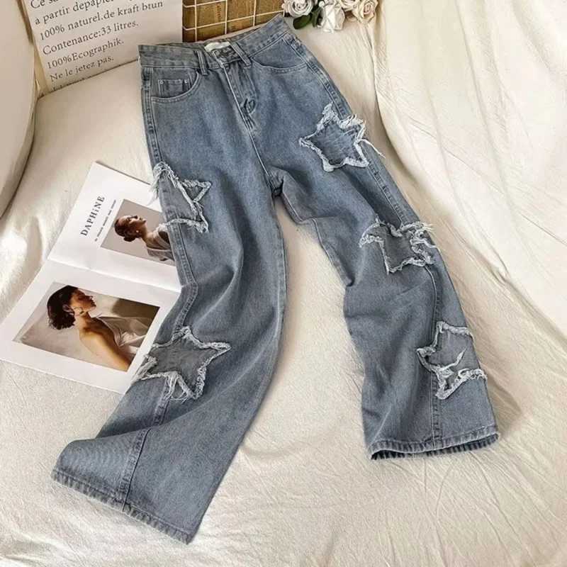 Womens Star Embroidered Denim Jeans High Waist Straight Leg Comfort Fit Korean Inspired Spring Autumn PantsT251013