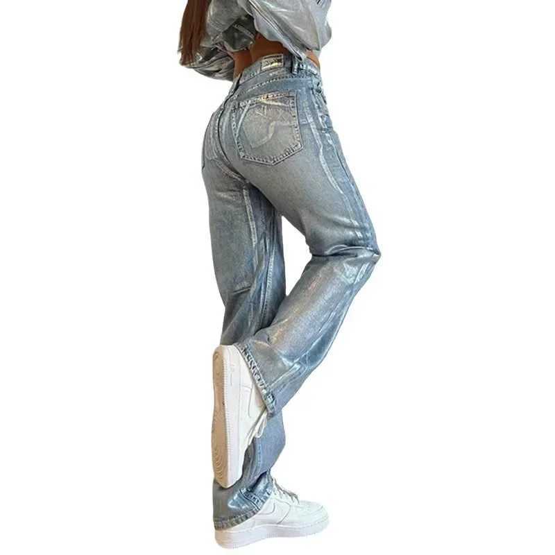 High Waist Straight Leg Long Jeans Womens Autumn Washed Blue Silver Heat Transfer Black Heat Transfer Versatile Casual JeansT251013