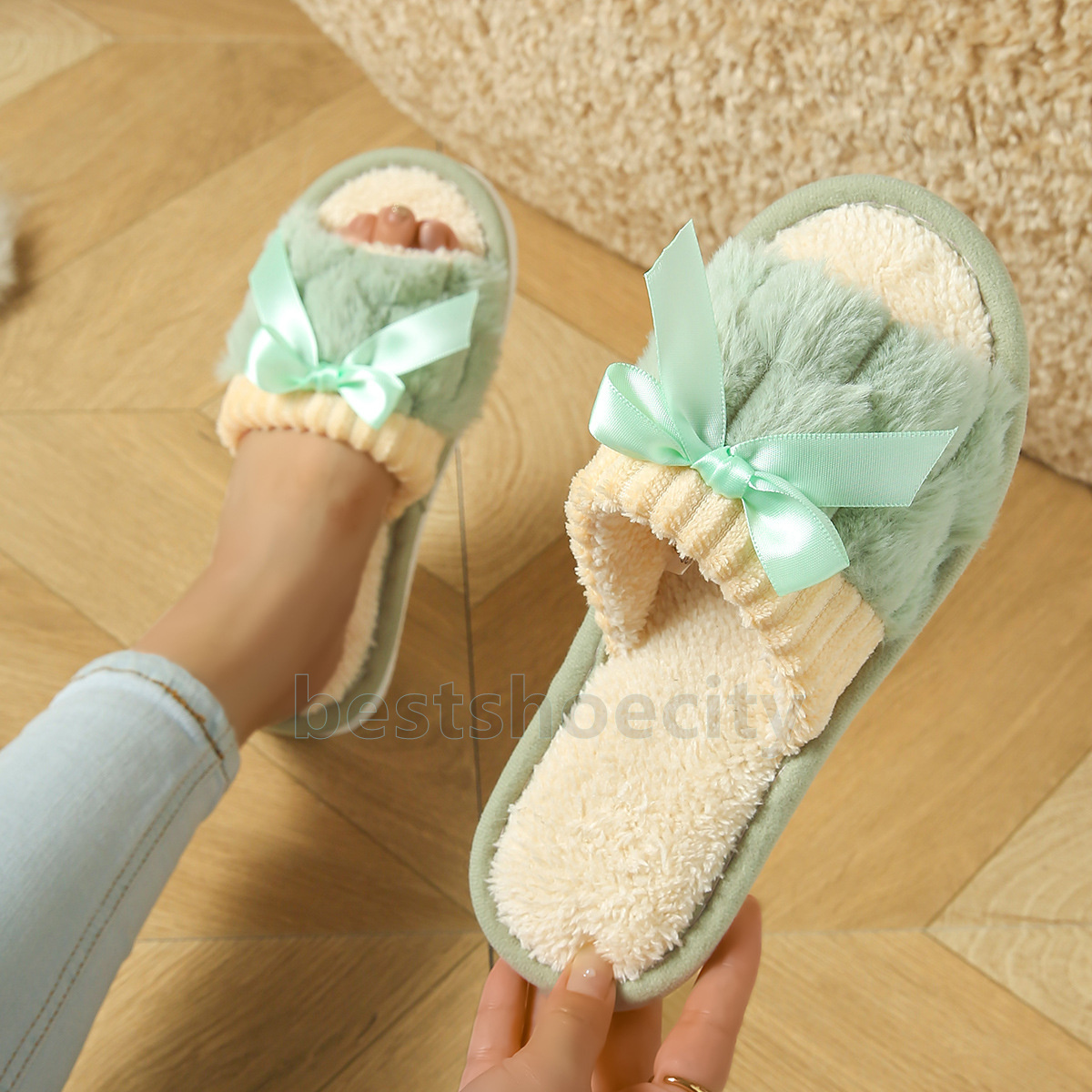 Designer Slides Comfortable Slip-On Fluffy Slippers Winter Cotton-Lined Trendy Non-Slip Indoor Home Warm Womens Sliders Size 36-43