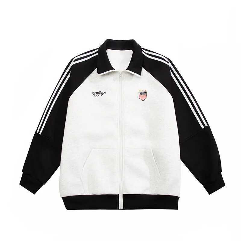 Hipster Color Striped Cardigan Sweatshirt Embroidered Spring Stand Collar Sporty Coat Loose Couple Outfit W251013