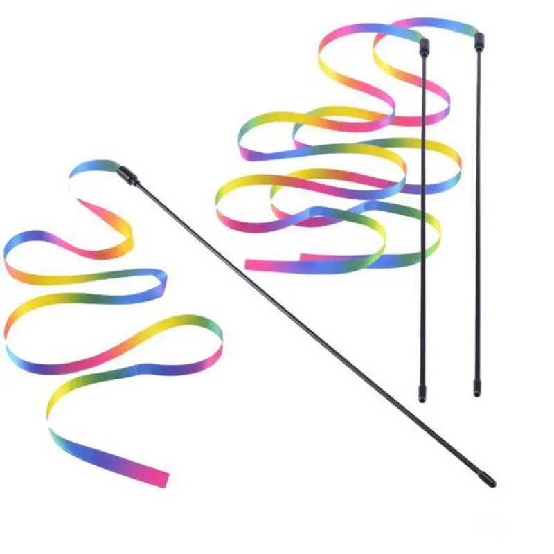 Cat Toys Funny Cat Teaser Rainbow Ribbon Cats Stick Toy Colorful Rod Teaser Wand Plastic Interactive Stick Cats Supplies C251013
