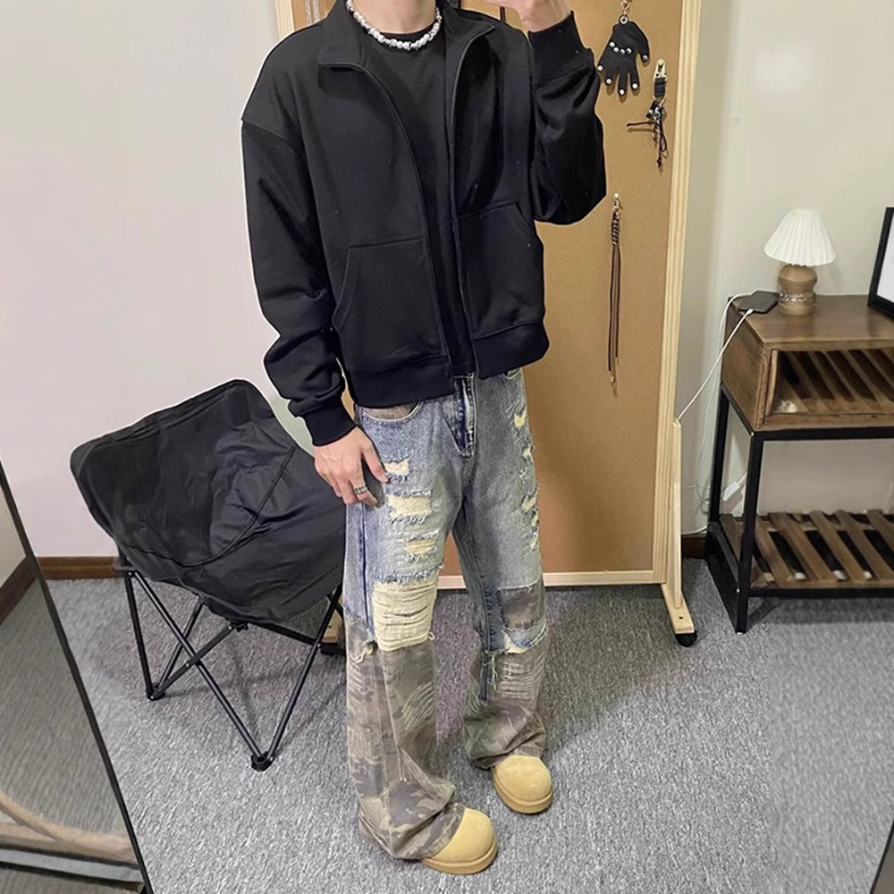 American Style Fake TwoPiece Pants Design Sense HighEnd Camouflage Patchwork Jeans Mens Cleanfit StraightLeg Pants y250823