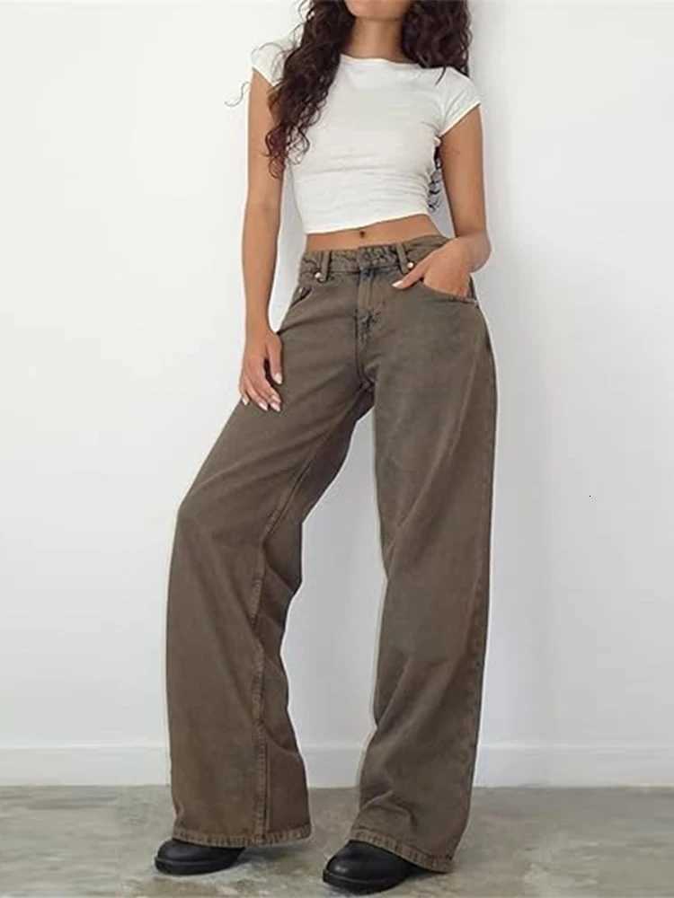 Low Rise Washed Straight Denim Pants for Women Wide Leg Vintage Dragging Jeans Distressed High Street Trousers Casual StreetwearT251013