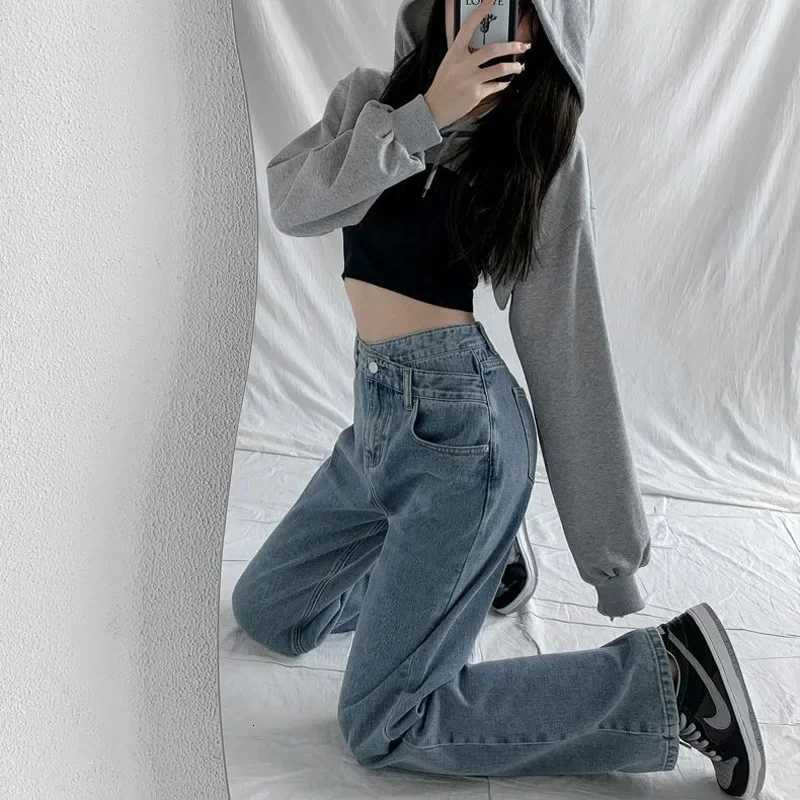 High Waist Straight Leg Jeans Womens Thin Design Asymmetrical Slant Button Slimming Wide Leg FloorLength PantsT251013