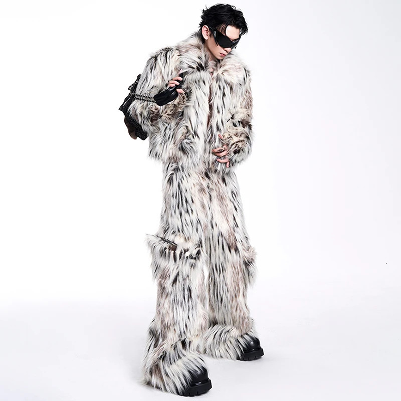 MWJQ Leopard Print Fur Clothing Male High Street Lapel Autumn Winter Short Loose Mens Fashion Coat 010073 251011