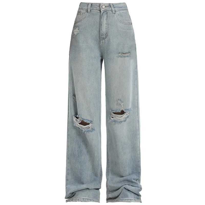 Womens Highwaisted Jeans Leisure Comfortable Skin Friendly Straight Leg Loose Fit Casual Micro Elastic Knee Piercing DesignT251013