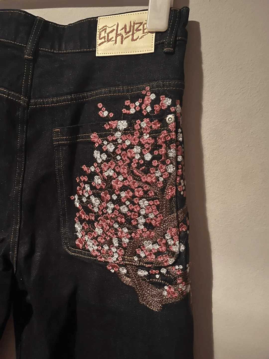Unisex Black Slim Straight Leg Jeans Cherry Blossom Print Embroidered Back Pockets Basic Versatile Casual Pants Comfort Stretch C251013