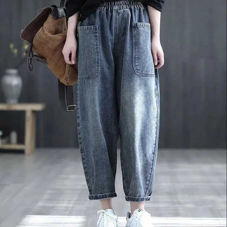 Loose Wide Leg Harem Jeans Womens plus Size Dad Waist High Waist Nine Point Pants Slimming Light Waed Casual TrousersT251013