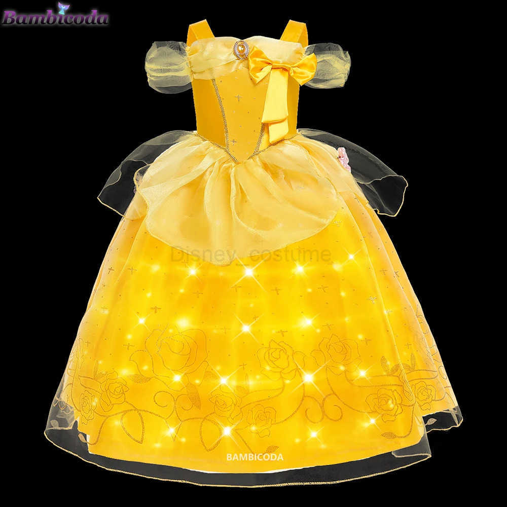Disney Cosplay Belle Dress Girls LED Light up Dresses For Beauty and the beast Party Clothing Magic stick crown Costume 310Y H251013