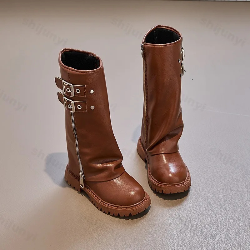 Childrens Pu Leather Boots Autumn Comfortable Anti Slip Zipper Fashion Kids Knee Boots Girls Outdoor Buckle Princess Boots 251017