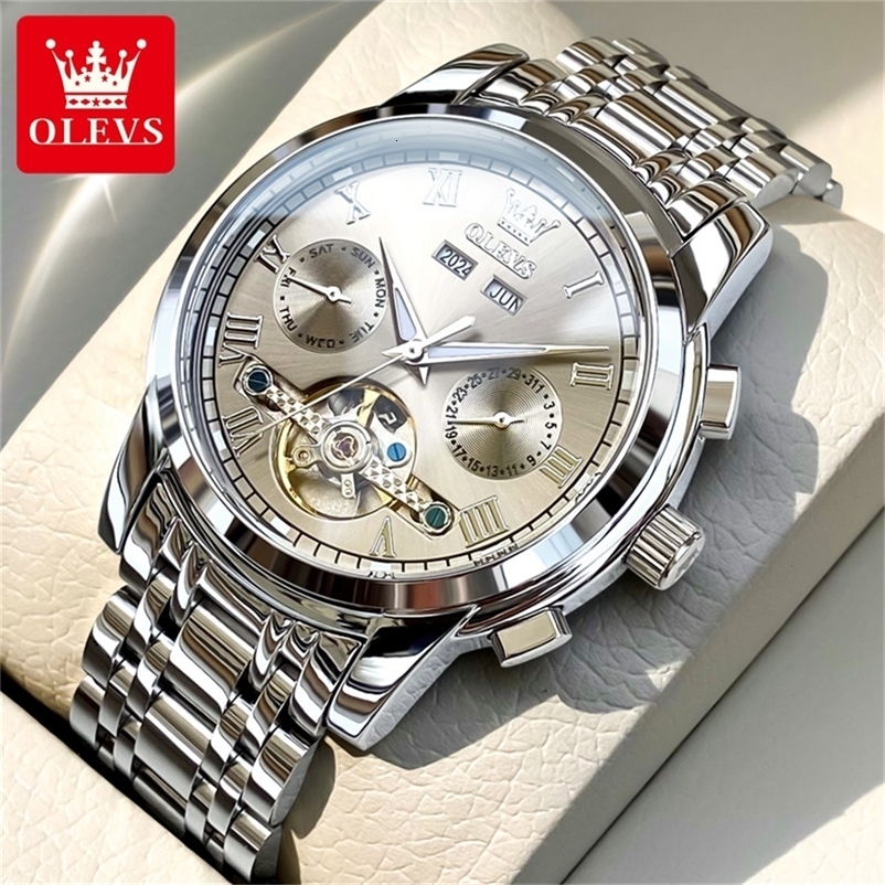 OLEVS Mens Watches Automatic Mechanical Business Wristwatch Waterproof Stainless Steel Man Skeleton Calendar 251011