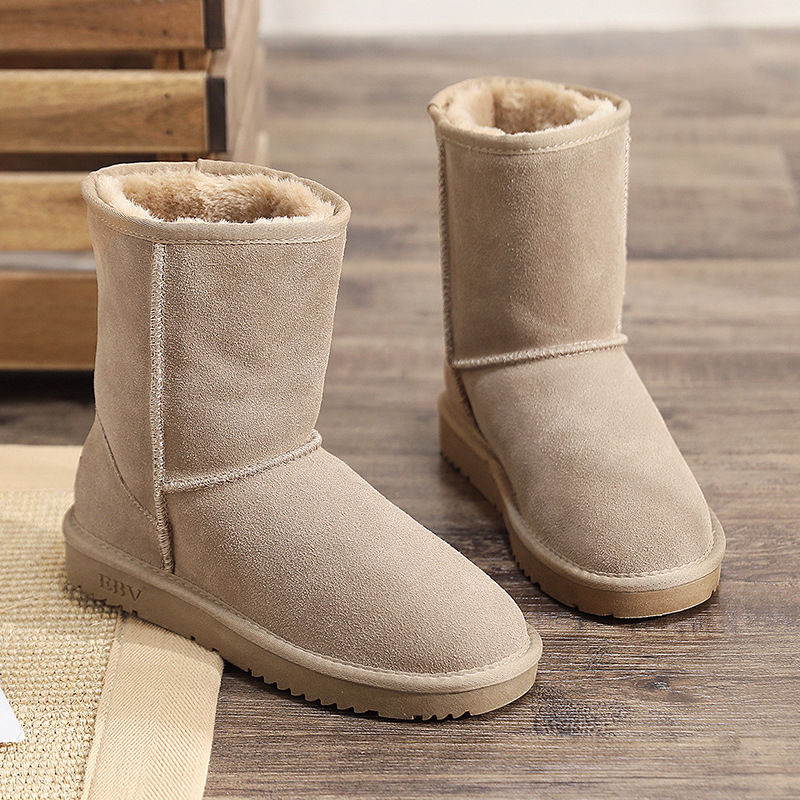 Free Shipping Ugg Boots Women'S Mid-Barrel Cowhide Warm Non-Slip Velvet Thickened Bread Shoes Cotton Shoes Go With Everything