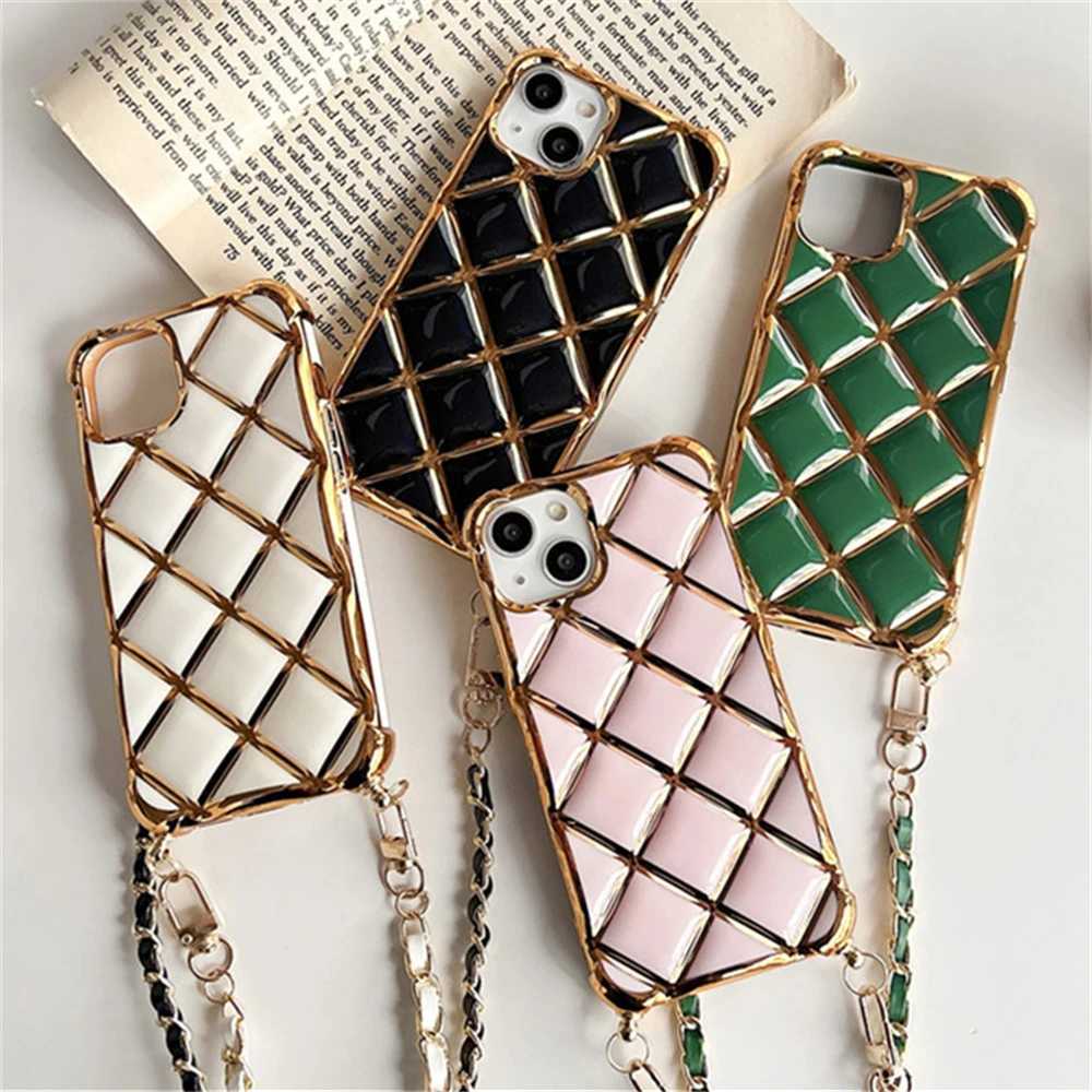 Crossbody Necklace Chain Lanyard Plating Diamond Lattice Phone Case for iPhone 14 11 12 13 15 Pro Max Plus Soft Silicone CoverW251011