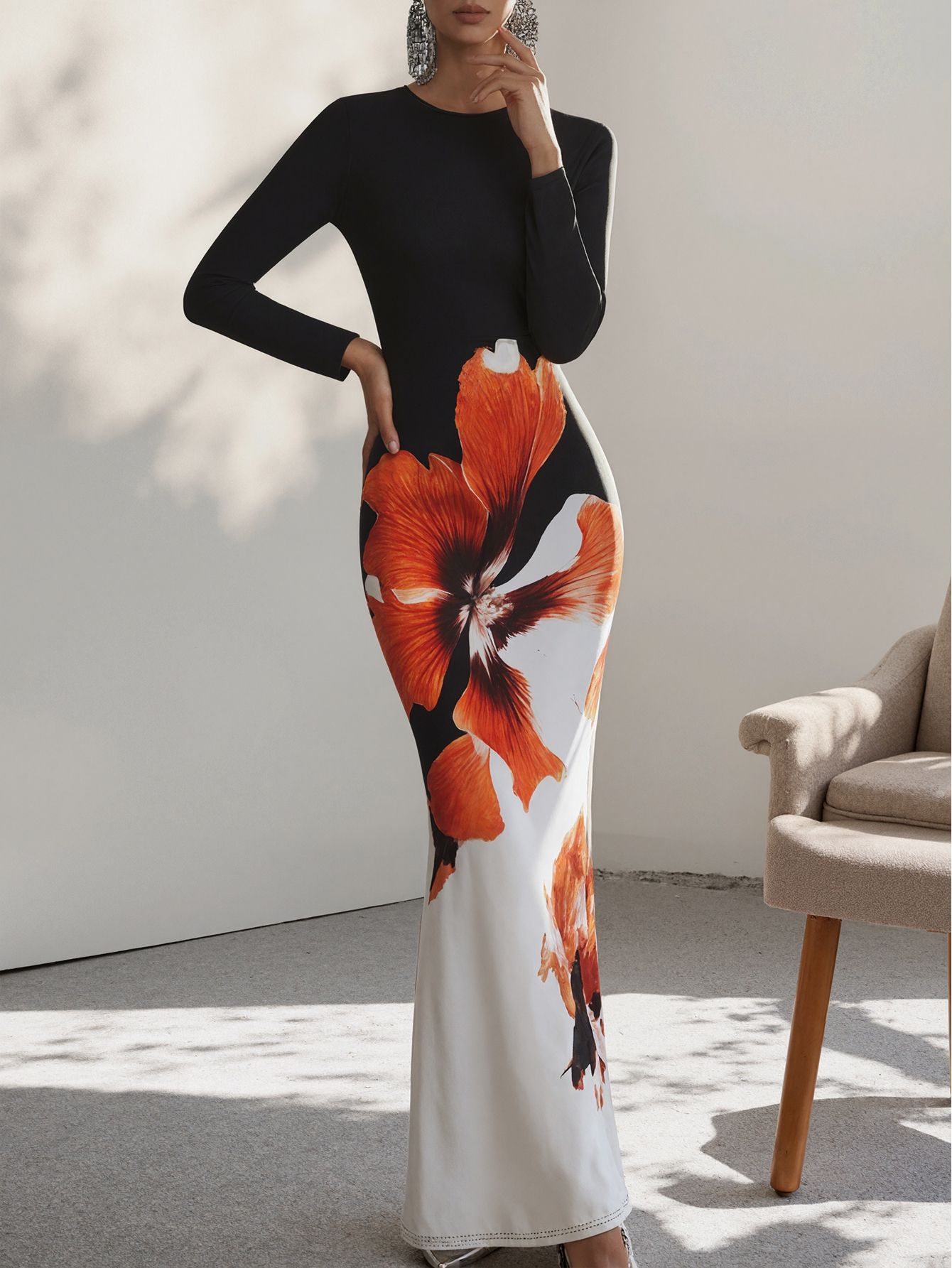 Women's Autumn Winter Fashion New Black Long - Sleeve Slim Midi Dress - Large Floral Printed Elegant Temperament DressCF55192