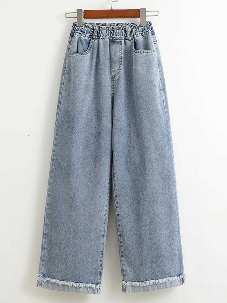 Plus Size Jeans For Women New 2025 High Elastic Waist Wide Leg Denim Pants With Pockets Korean Style Fashion Tassel Loose JeansT251013