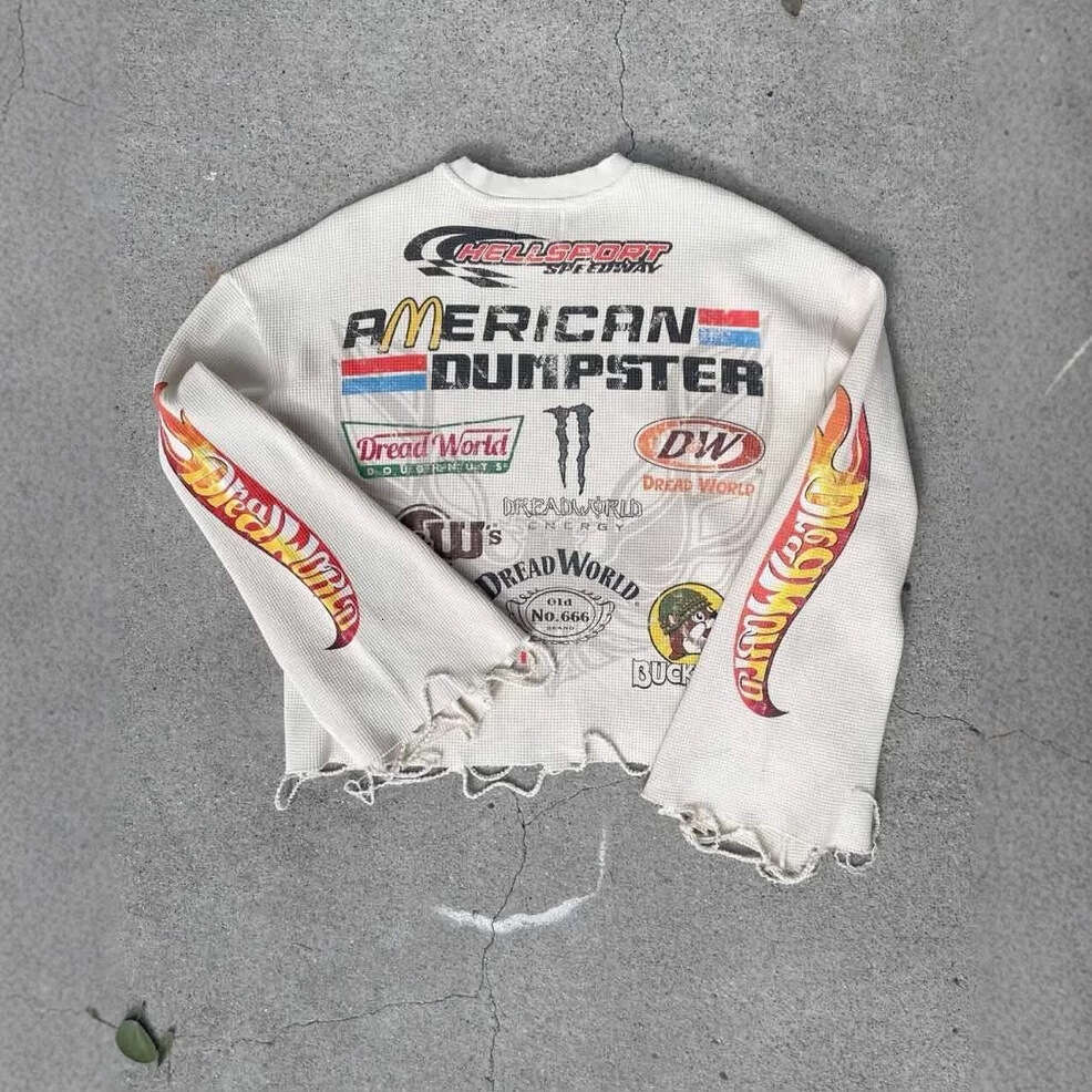 American Hip-Hop Street Casual Loose Crew Neck Motorcycle Print Long Sleeve Racing Shirt for Men