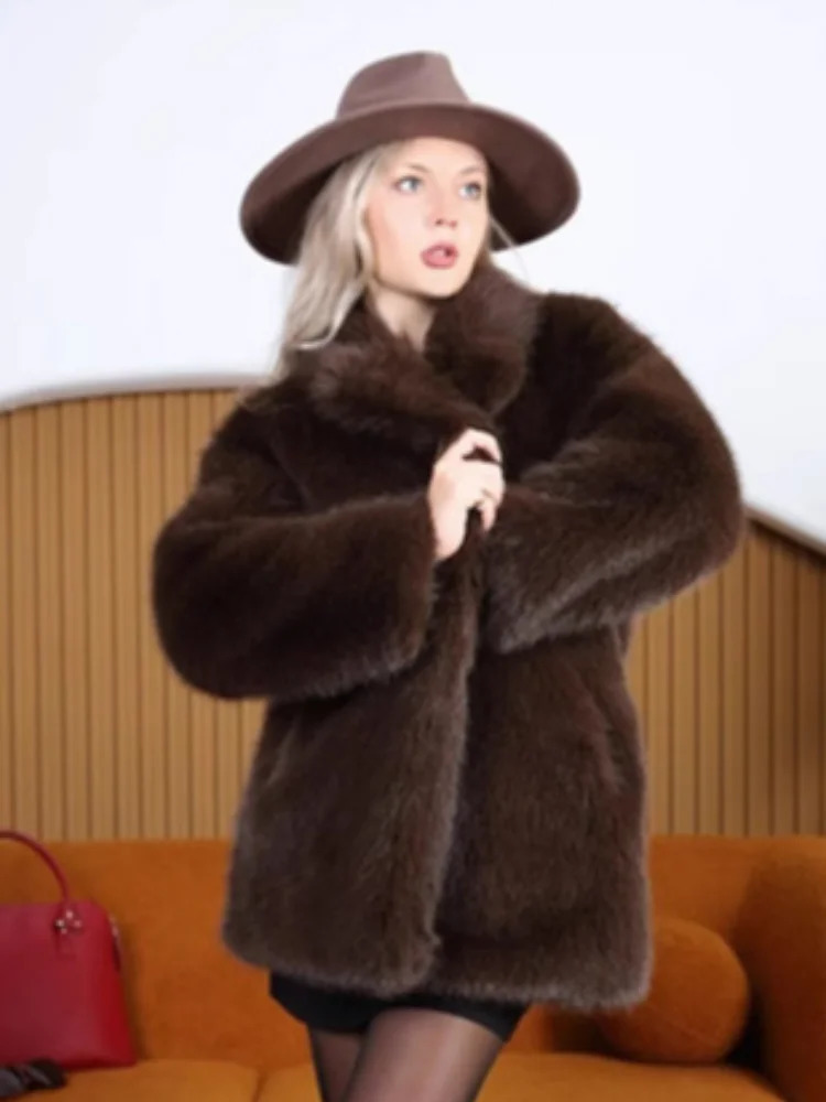 Fashion Womens Lapel Faux Fur Coat with Belt 2025 Winter Long Sleeve Female Thicken Warm Jackets Casual Lady Outerwear Street 251029