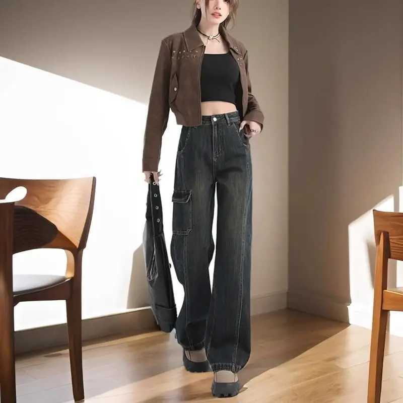 Comfortable Womens Straight Jeans High Waist Leisure Vintage Y2K Korean Slimming Pear Shaped Loose Bell Bottoms Denim TrousersT251013