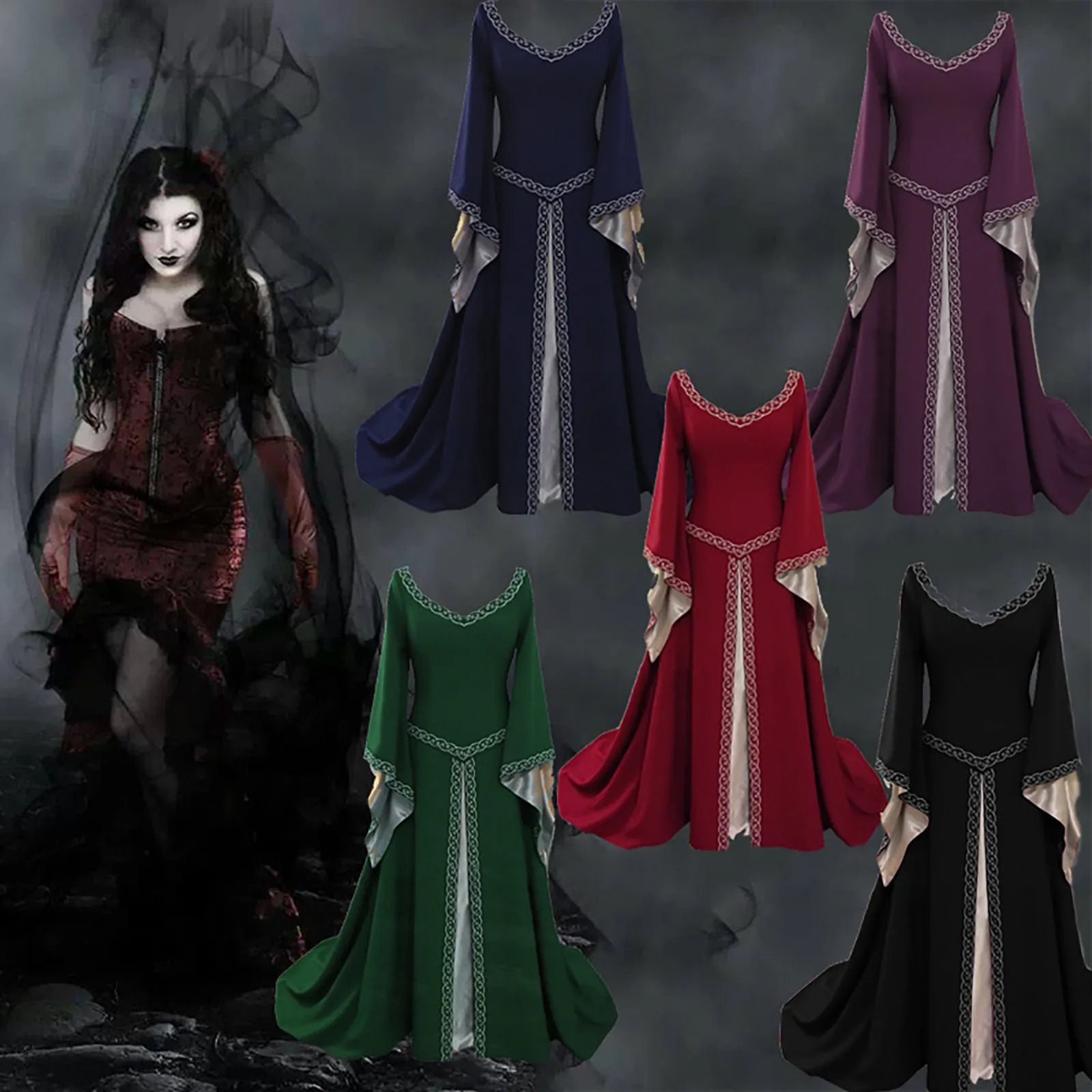 Vintage Gothic Dress Cosplay Costumes Autumn Winter Long Sleeve Medieval Witch Long Dress Halloween Costumes Vestidos de Fiesta251010